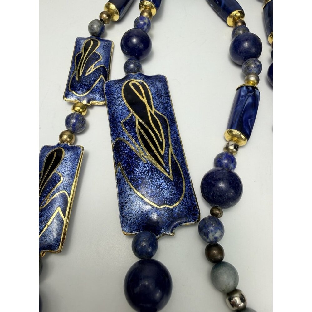Unique Artisan Lapis Lazuli Beaded Necklace Enamel Panels Toggle Clasp - Picture 6 of 9